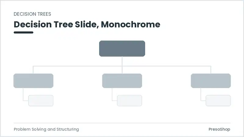 Editable PowerPoint decision tree slide template in a monochrome treatment, built from recolourable native shapes for problem solving and structuring decks