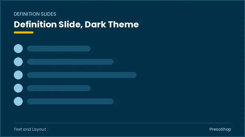 Editable PowerPoint definition slide template in a dark theme, built from recolourable native shapes for text and layout decks