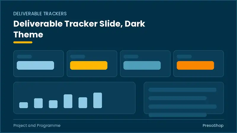Editable PowerPoint deliverable tracker slide template in a dark theme, built from recolourable native shapes for project and programme decks