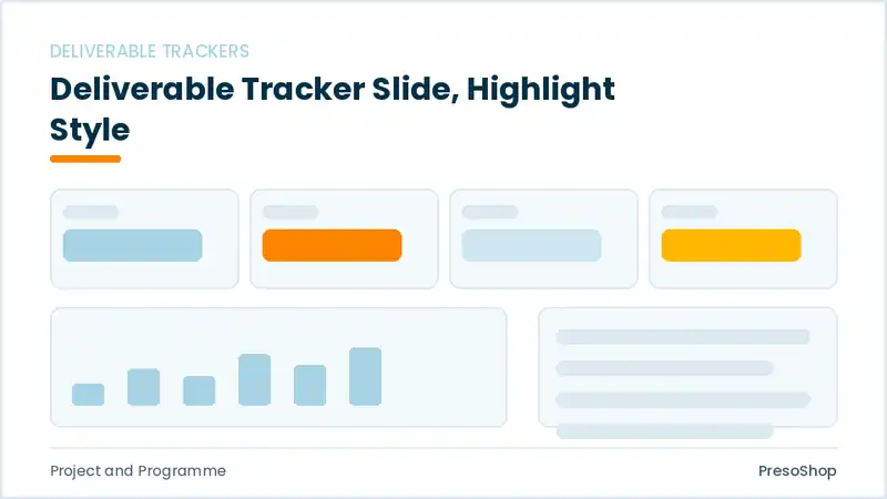 Editable PowerPoint deliverable tracker slide template with an accented takeaway, built from recolourable native shapes for project and programme decks