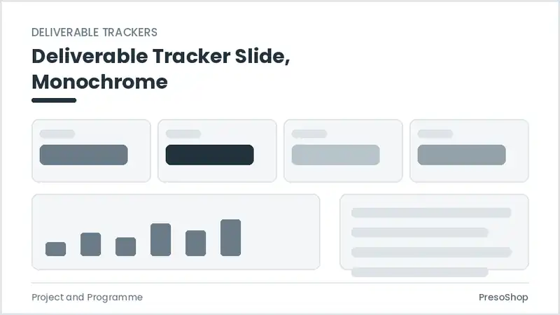 Editable PowerPoint deliverable tracker slide template in a monochrome treatment, built from recolourable native shapes for project and programme decks