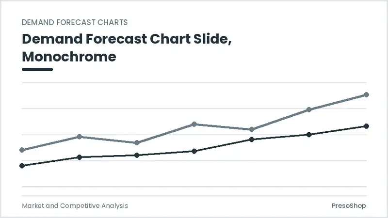 Editable PowerPoint demand forecast chart slide template in a monochrome treatment, built from recolourable native shapes for market and competitive analysis decks