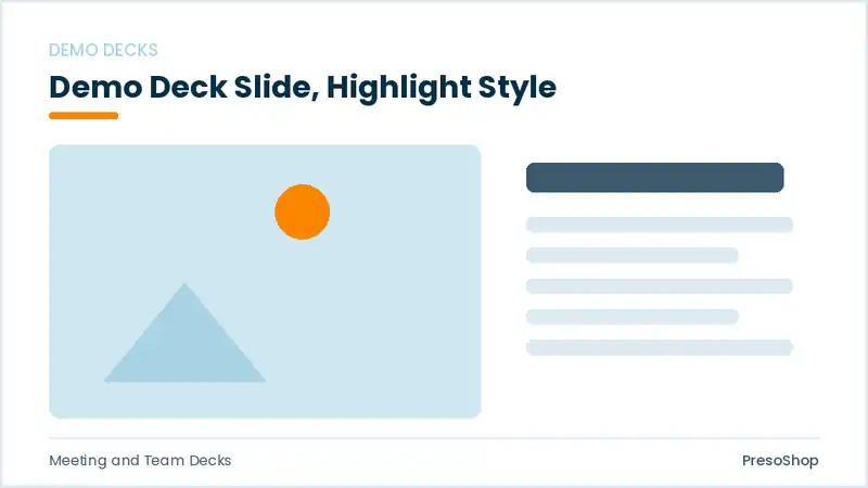 Editable PowerPoint demo deck slide template with an accented takeaway, built from recolourable native shapes for meeting and team decks decks