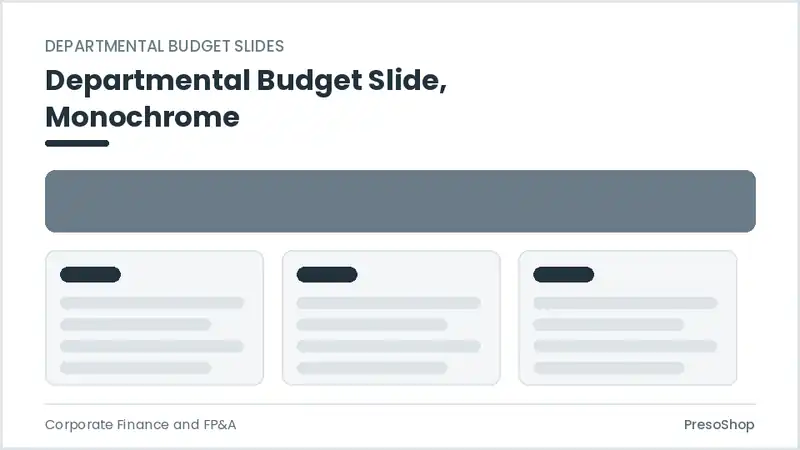 Editable PowerPoint departmental budget slide template in a monochrome treatment, built from recolourable native shapes for corporate finance and fp&a decks