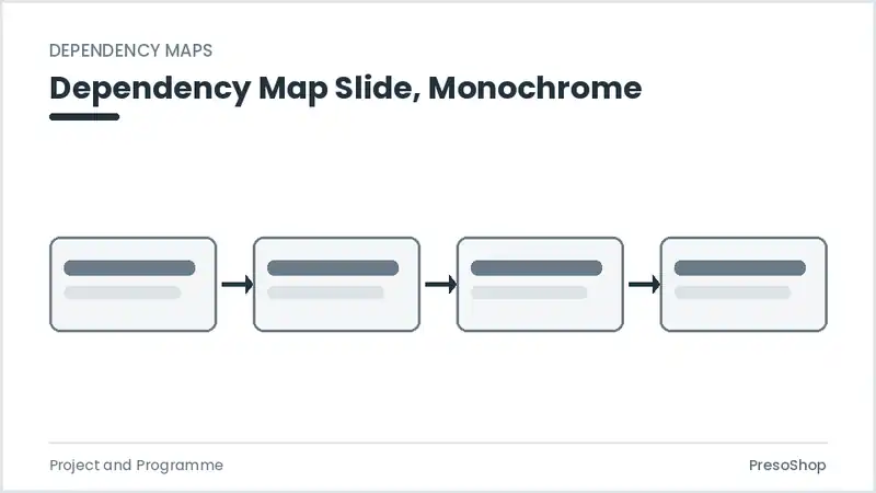Editable PowerPoint dependency map slide template in a monochrome treatment, built from recolourable native shapes for project and programme decks