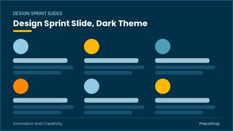 Editable PowerPoint design sprint slide template in a dark theme, built from recolourable native shapes for innovation and creativity decks