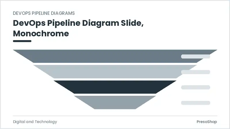Editable PowerPoint devops pipeline diagram slide template in a monochrome treatment, built from recolourable native shapes for digital and technology decks