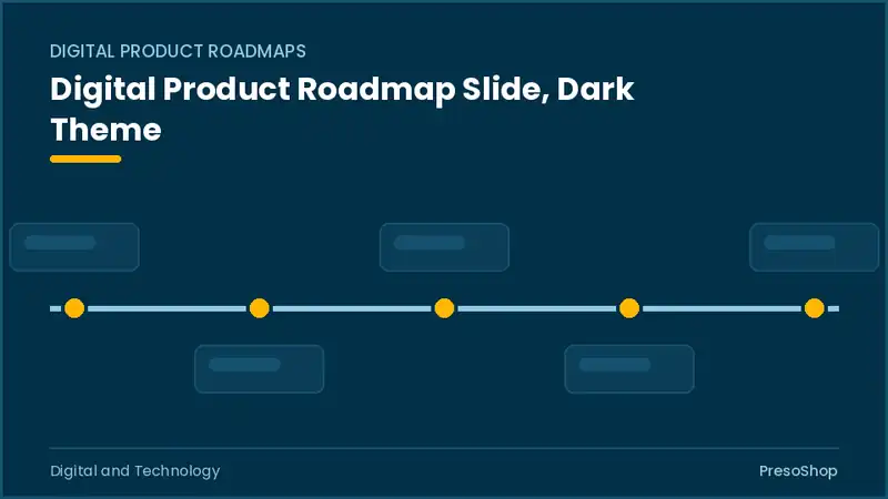 Editable PowerPoint digital product roadmap slide template in a dark theme, built from recolourable native shapes for digital and technology decks