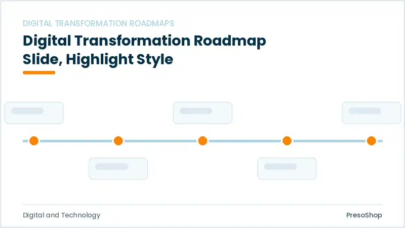 Editable PowerPoint digital transformation roadmap slide template with an accented takeaway, built from recolourable native shapes for digital and technology decks