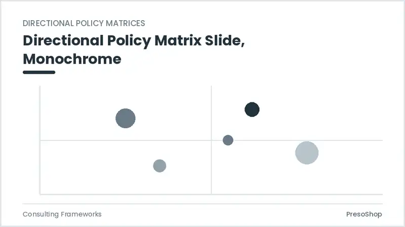 Editable PowerPoint directional policy matrix slide template in a monochrome treatment, built from recolourable native shapes for consulting frameworks decks