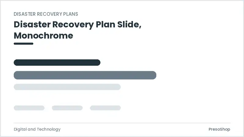 Editable PowerPoint disaster recovery plan slide template in a monochrome treatment, built from recolourable native shapes for digital and technology decks