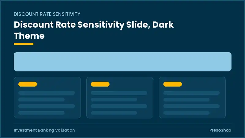 Editable PowerPoint discount rate sensitivity slide template in a dark theme, built from recolourable native shapes for investment banking valuation decks