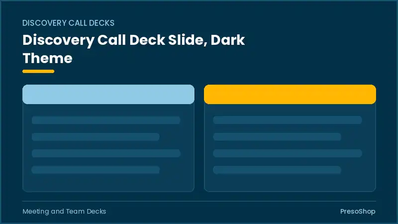 Editable PowerPoint discovery call deck slide template in a dark theme, built from recolourable native shapes for meeting and team decks decks