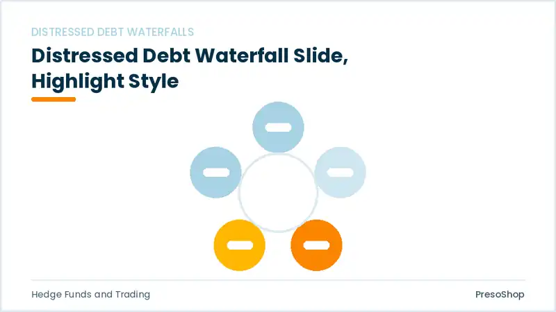 Editable PowerPoint distressed debt waterfall slide template with an accented takeaway, built from recolourable native shapes for hedge funds and trading decks