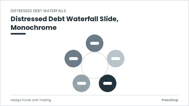 Editable PowerPoint distressed debt waterfall slide template in a monochrome treatment, built from recolourable native shapes for hedge funds and trading decks