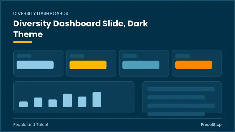 Editable PowerPoint diversity dashboard slide template in a dark theme, built from recolourable native shapes for people and talent decks