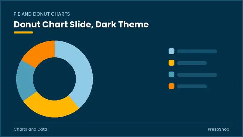 Editable PowerPoint donut chart slide template in a dark theme, built from recolourable native shapes for charts and data decks