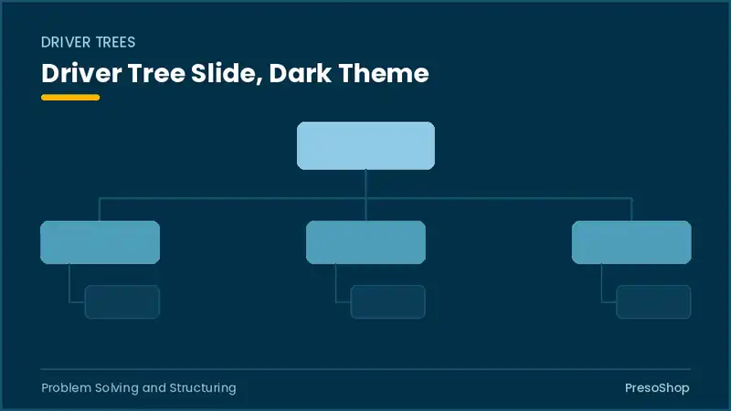 Editable PowerPoint driver tree slide template in a dark theme, built from recolourable native shapes for problem solving and structuring decks