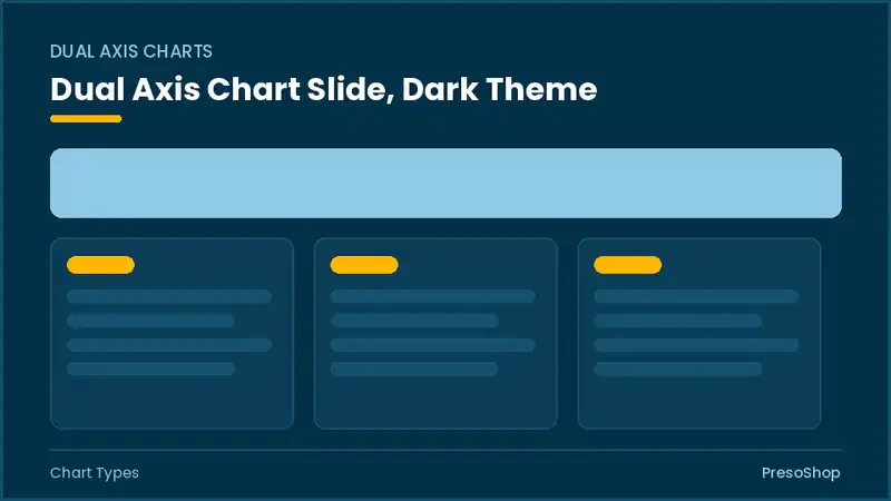 Editable PowerPoint dual axis chart slide template in a dark theme, built from recolourable native shapes for chart types decks