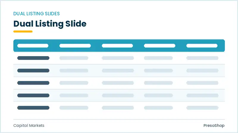 Editable PowerPoint dual listing slide template, built from recolourable native shapes for capital markets decks