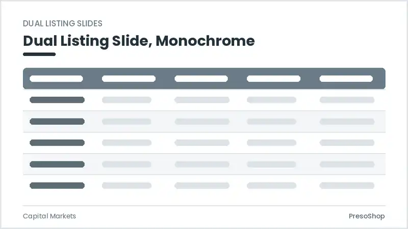Editable PowerPoint dual listing slide template in a monochrome treatment, built from recolourable native shapes for capital markets decks