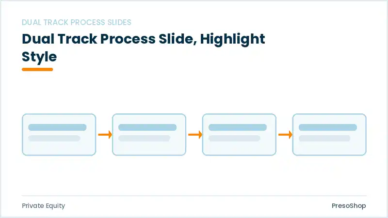 Editable PowerPoint dual track process slide template with an accented takeaway, built from recolourable native shapes for private equity decks