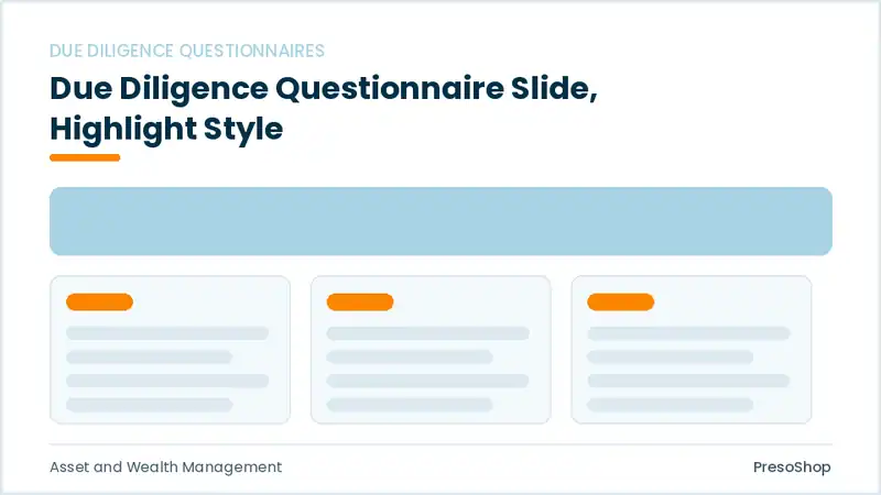 Editable PowerPoint due diligence questionnaire slide template with an accented takeaway, built from recolourable native shapes for asset and wealth management decks