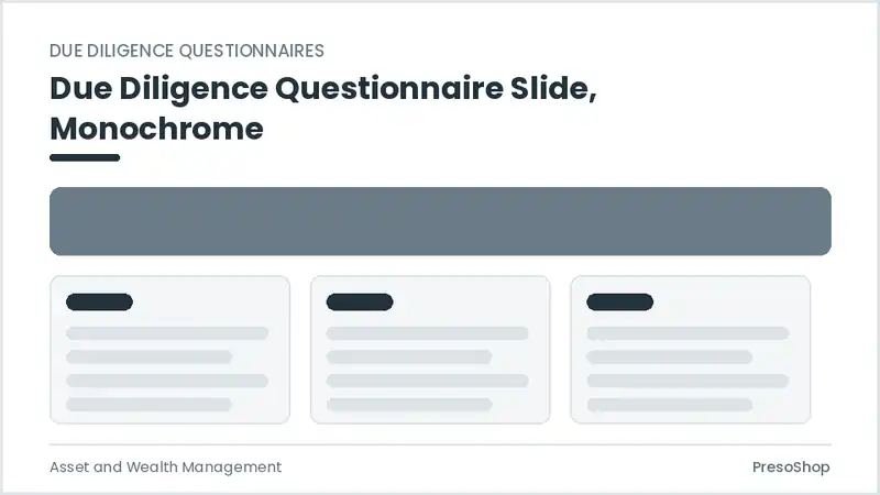 Editable PowerPoint due diligence questionnaire slide template in a monochrome treatment, built from recolourable native shapes for asset and wealth management decks