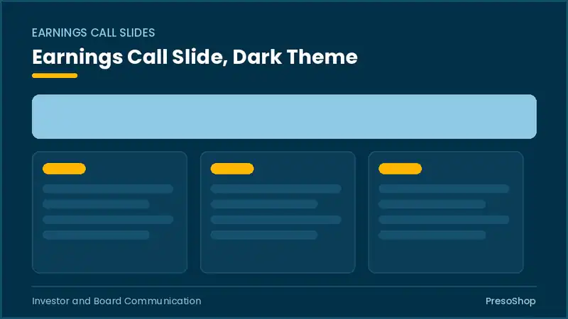 Editable PowerPoint earnings call slide template in a dark theme, built from recolourable native shapes for investor and board communication decks