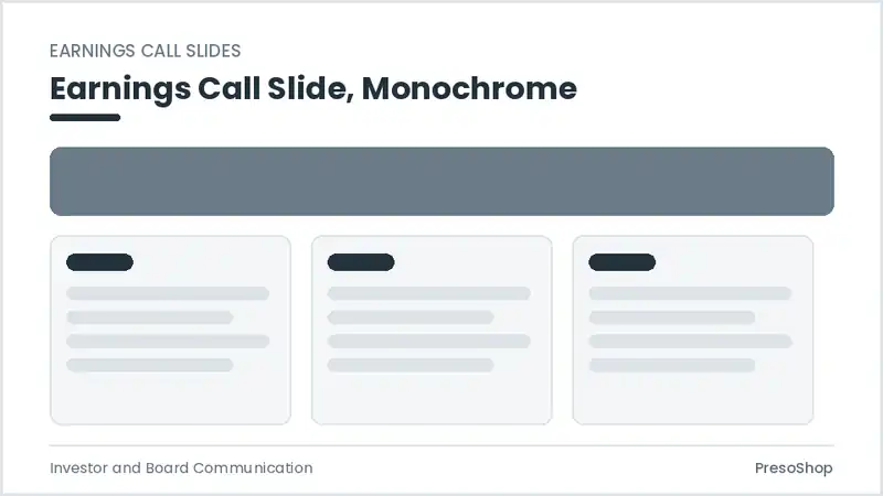 Editable PowerPoint earnings call slide template in a monochrome treatment, built from recolourable native shapes for investor and board communication decks