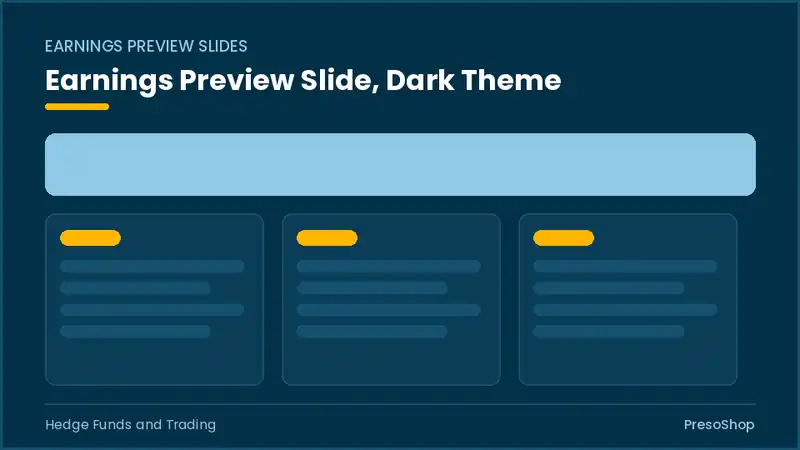 Editable PowerPoint earnings preview slide template in a dark theme, built from recolourable native shapes for hedge funds and trading decks