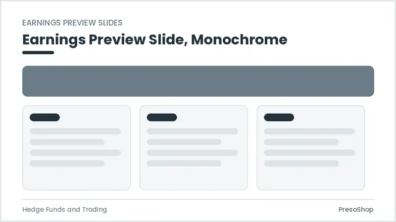 Editable PowerPoint earnings preview slide template in a monochrome treatment, built from recolourable native shapes for hedge funds and trading decks