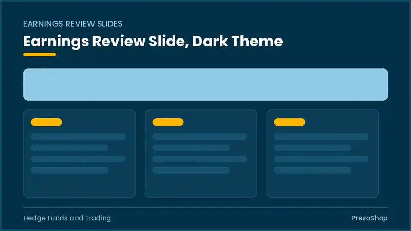Editable PowerPoint earnings review slide template in a dark theme, built from recolourable native shapes for hedge funds and trading decks