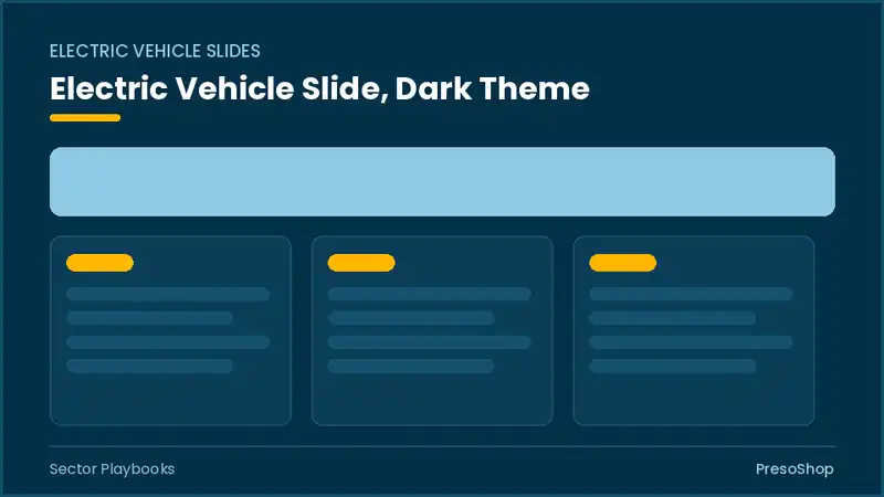 Editable PowerPoint electric vehicle slide template in a dark theme, built from recolourable native shapes for sector playbooks decks