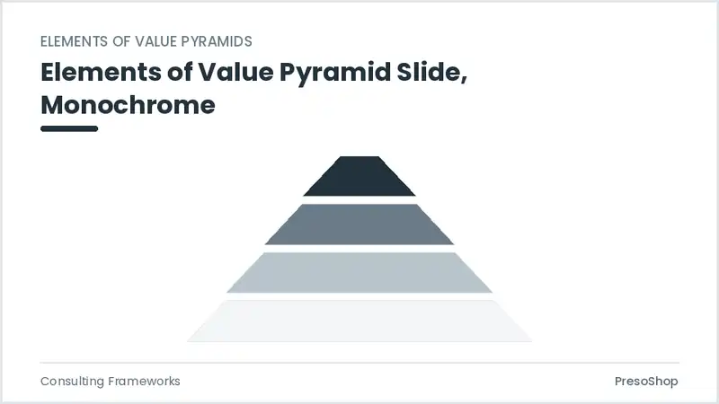 Editable PowerPoint elements of value pyramid slide template in a monochrome treatment, built from recolourable native shapes for consulting frameworks decks