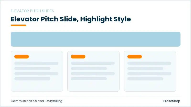 Editable PowerPoint elevator pitch slide template with an accented takeaway, built from recolourable native shapes for communication and storytelling decks