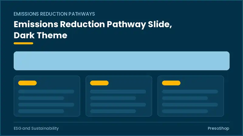 Editable PowerPoint emissions reduction pathway slide template in a dark theme, built from recolourable native shapes for esg and sustainability decks