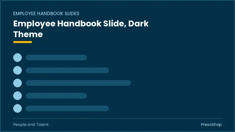 Editable PowerPoint employee handbook slide template in a dark theme, built from recolourable native shapes for people and talent decks
