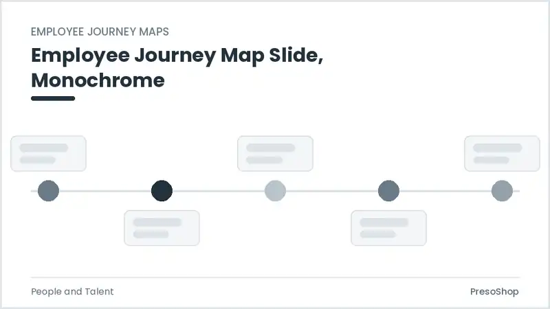 Editable PowerPoint employee journey map slide template in a monochrome treatment, built from recolourable native shapes for people and talent decks