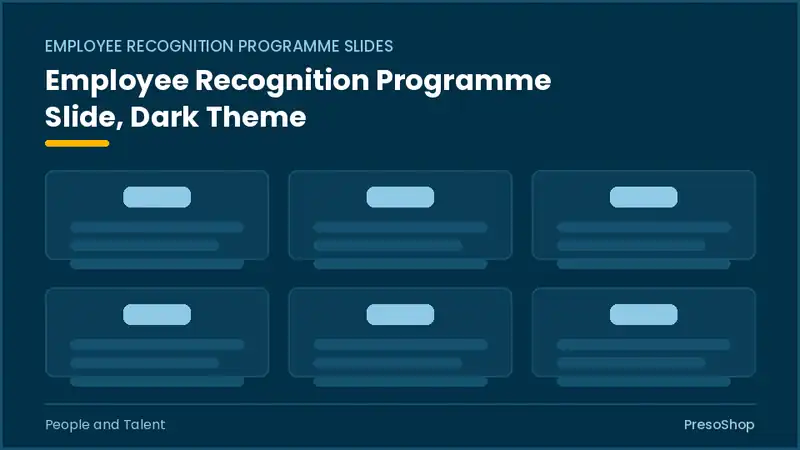 Editable PowerPoint employee recognition programme slide template in a dark theme, built from recolourable native shapes for people and talent decks