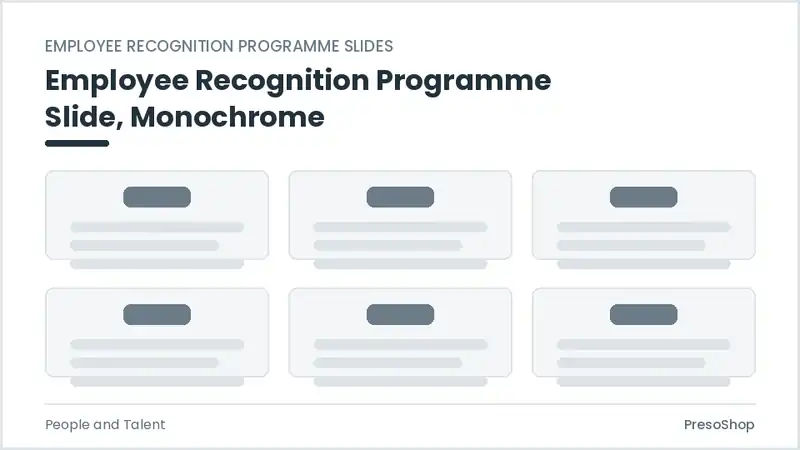 Editable PowerPoint employee recognition programme slide template in a monochrome treatment, built from recolourable native shapes for people and talent decks