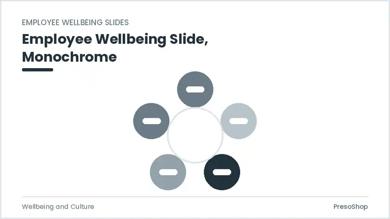Editable PowerPoint employee wellbeing slide template in a monochrome treatment, built from recolourable native shapes for wellbeing and culture decks