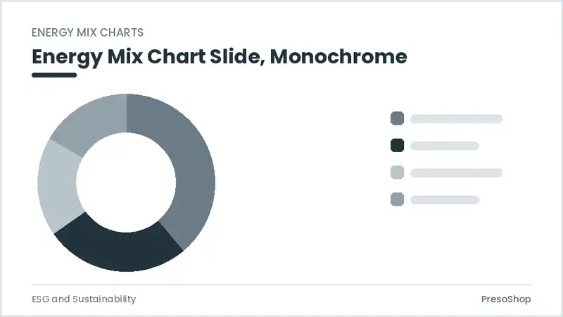 Editable PowerPoint energy mix chart slide template in a monochrome treatment, built from recolourable native shapes for esg and sustainability decks