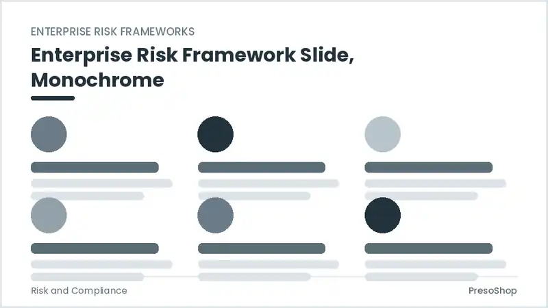 Editable PowerPoint enterprise risk framework slide template in a monochrome treatment, built from recolourable native shapes for risk and compliance decks