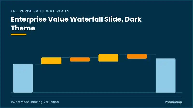 Editable PowerPoint enterprise value waterfall slide template in a dark theme, built from recolourable native shapes for investment banking valuation decks