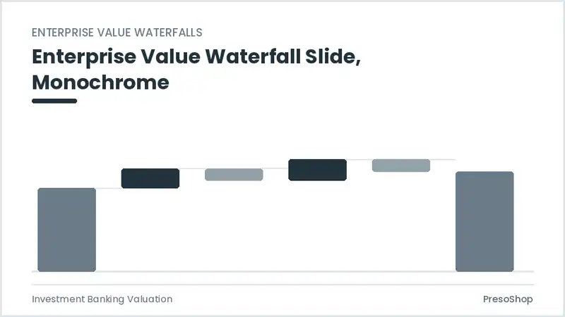 Editable PowerPoint enterprise value waterfall slide template in a monochrome treatment, built from recolourable native shapes for investment banking valuation decks