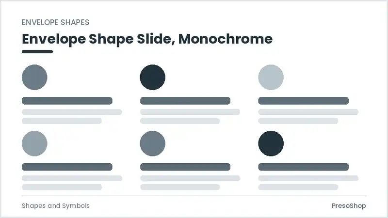 Editable PowerPoint envelope shape slide template in a monochrome treatment, built from recolourable native shapes for shapes and symbols decks
