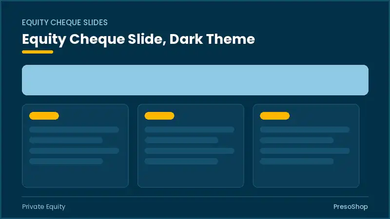 Editable PowerPoint equity cheque slide template in a dark theme, built from recolourable native shapes for private equity decks