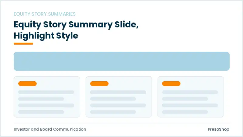 Editable PowerPoint equity story summary slide template with an accented takeaway, built from recolourable native shapes for investor and board communication decks