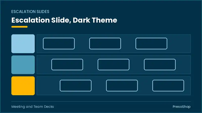Editable PowerPoint escalation slide template in a dark theme, built from recolourable native shapes for meeting and team decks decks